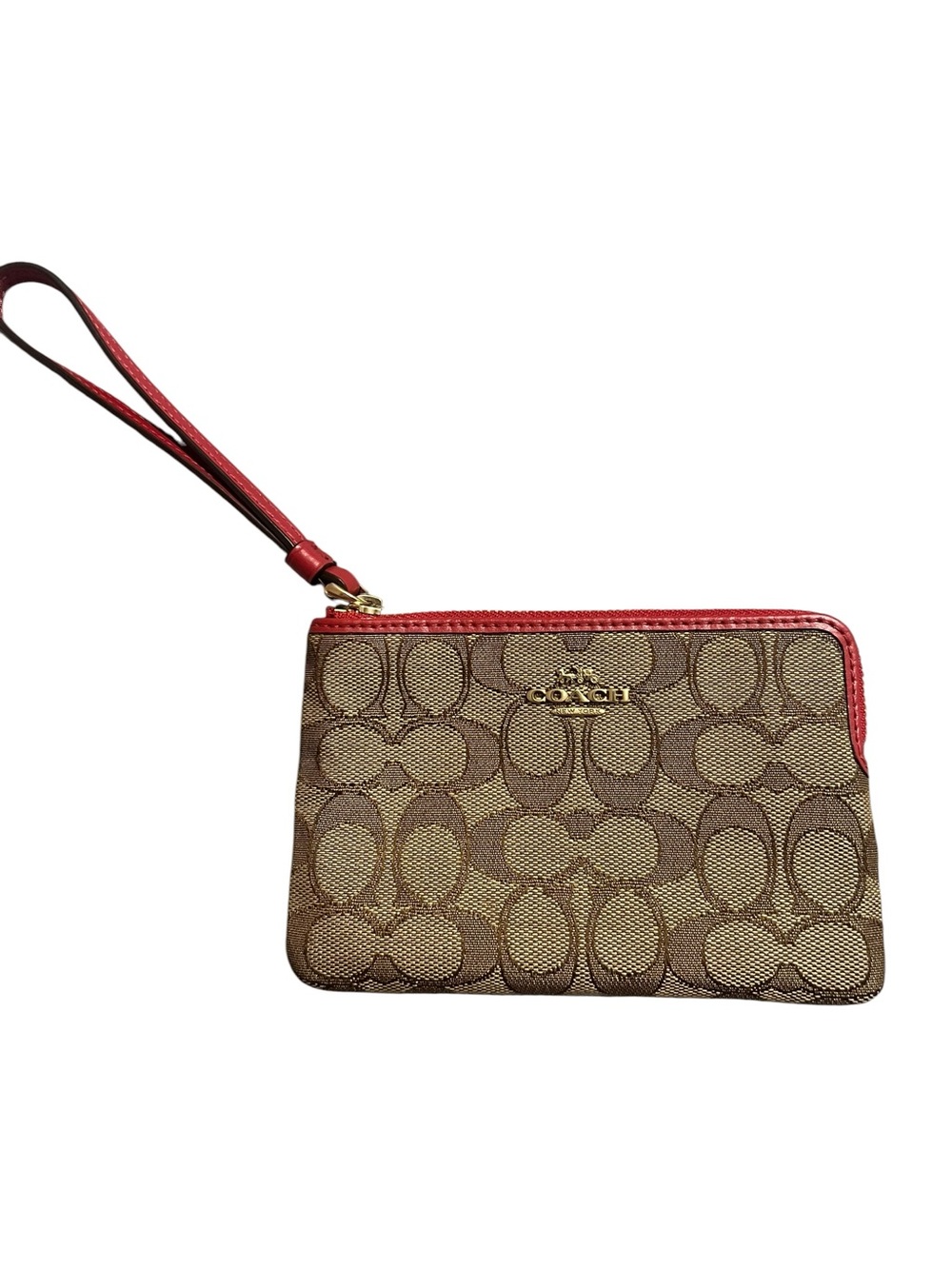Coach Signature Canvas Wristlet in Brown with  Pink Trim